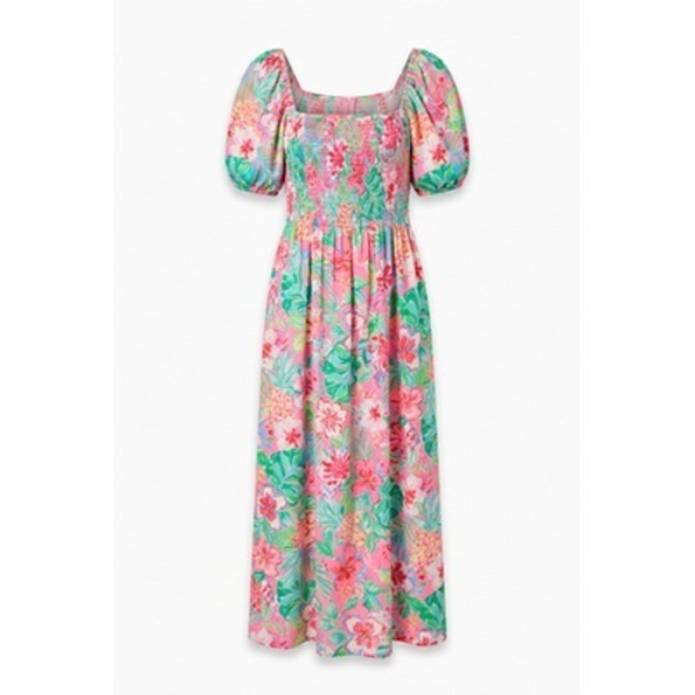 Lilly Pulitzer Pink & Green Floral Puff-Sleeve Maxi Dress